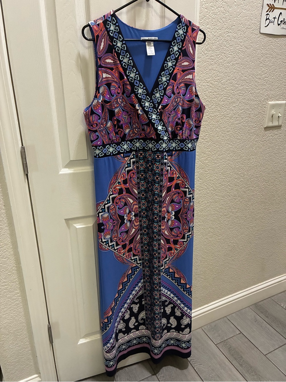 Studio One Blue Paisley Maxi Dress with Pink and Purple Accents